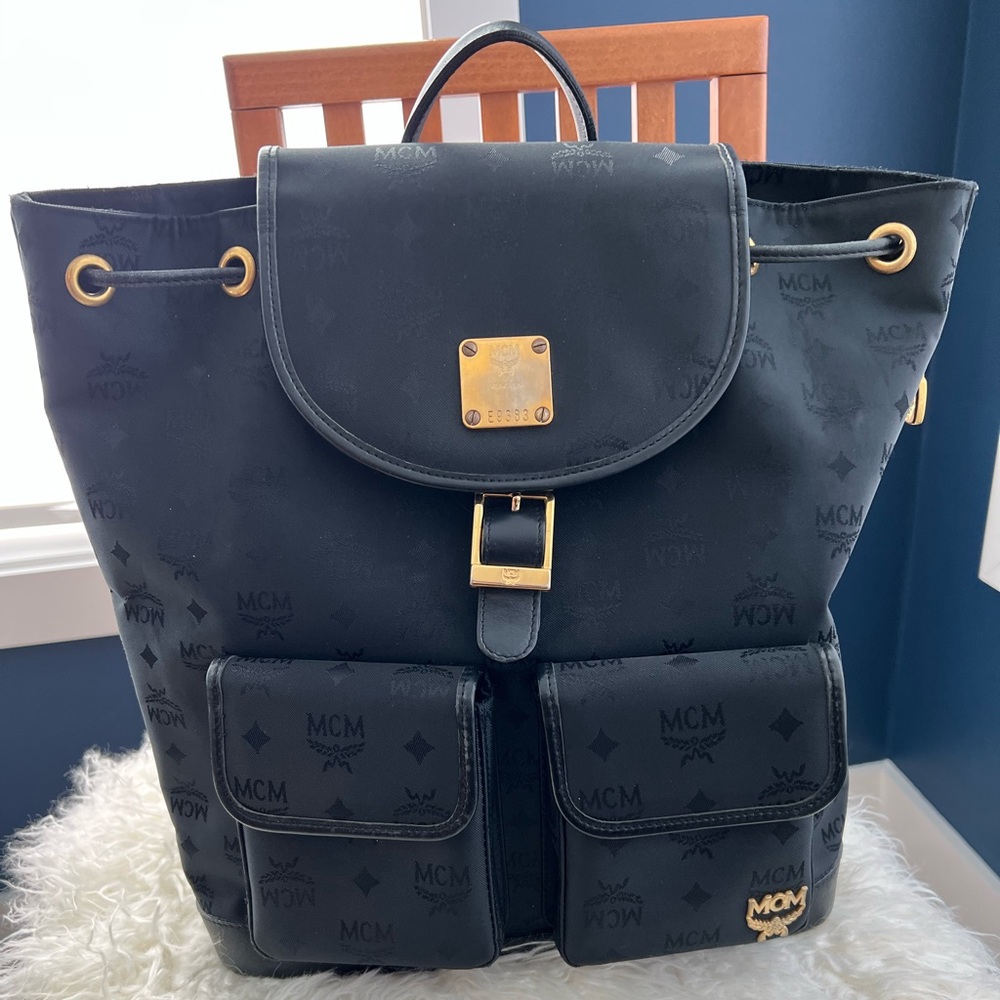 MCM Black Canvas Logo Drawstring Backpack with Gold Hardware